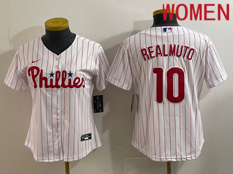 Women Philadelphia Phillies #10 Realmuto White stripe Game 2024 Nike MLB Jersey style 1